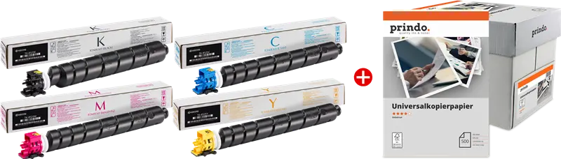 Original Kyocera TK-8525 MCVP 01 Schwarz / Cyan / Magenta / Gelb / Weiss Value Pack + Prindo Universal Papier 2500 Blatt