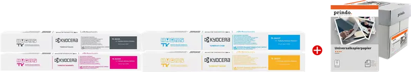 Original Kyocera TK-8605 MCVP Schwarz / Cyan / Magenta / Gelb / Weiss Value Pack + Prindo Universal Papier 2500 Blatt