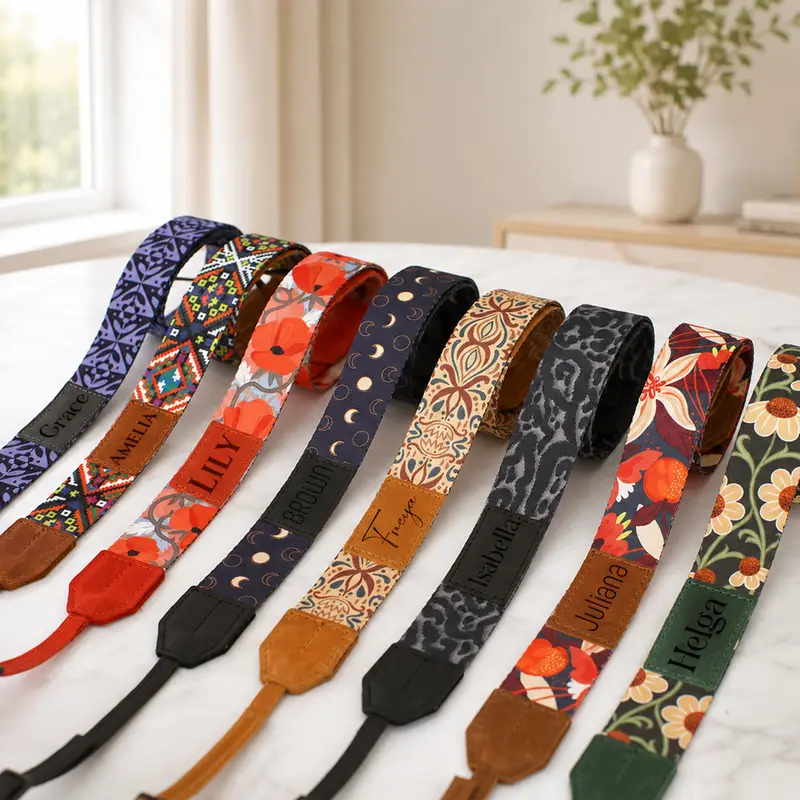 Personalized 'Artisan Explorer' Leather & Nylon Camera Strap – 8 Custom Patterns & Engraved Inserts