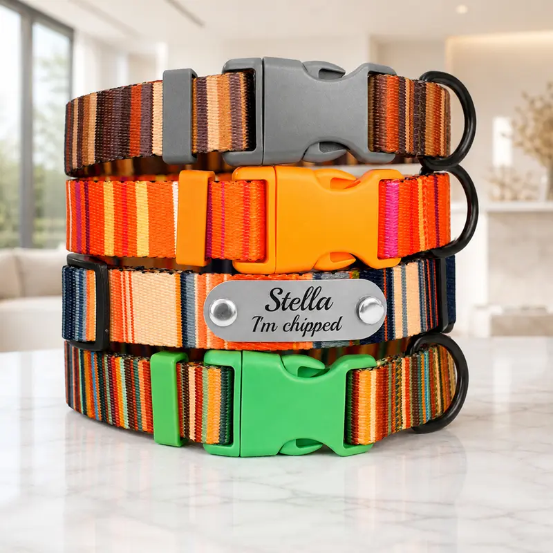 Personalized 'Nomad' Striped Dog Collar – Lightweight Comfort & Custom Engraved ID Plate