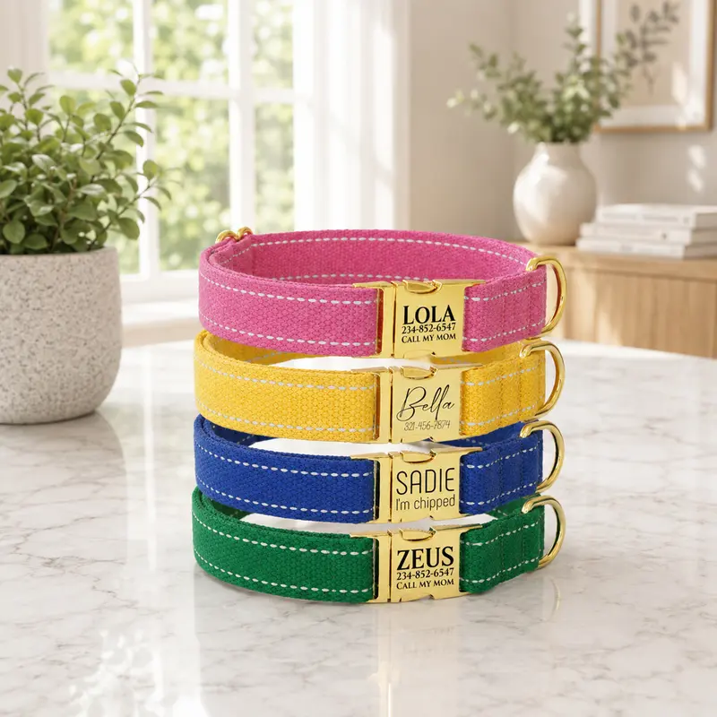 Personalized Reflective Cotton Dog Collar – Gold Buckle & High Visibility