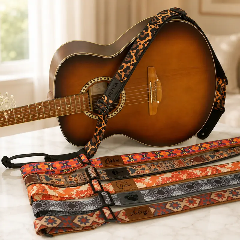 Personalized 'Sonic Flair' Leather & Nylon Guitar Strap – 6 Custom Artisan Patterns & Engraved Leather Base