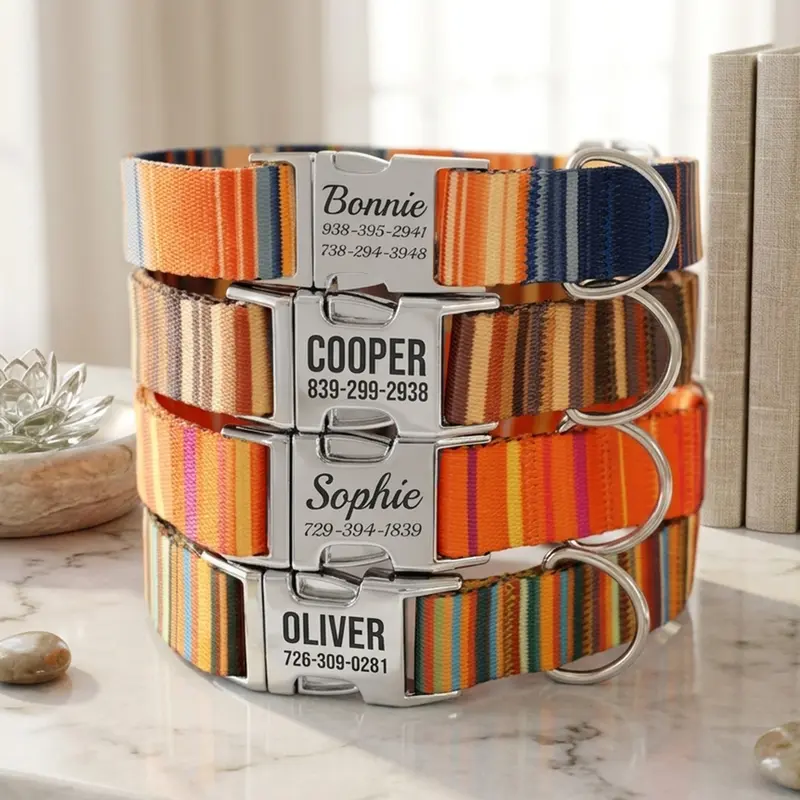Personalized Striped Dog Collar with Engraved Metal Buckle