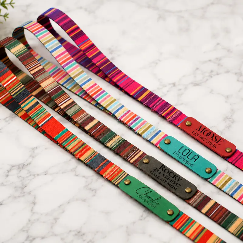 Personalized Striped Dog Leash with Engraved Name ID Tag