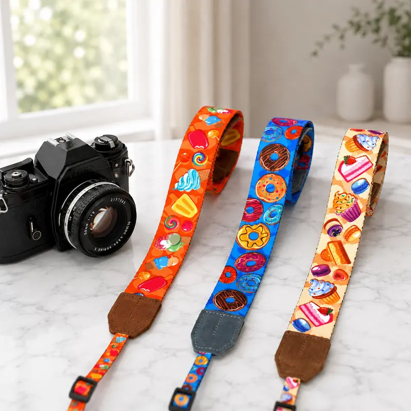 Personalized 'Sweet Treats' Leather & Nylon Camera Strap – 3 Playful Patterns & Custom Engraving