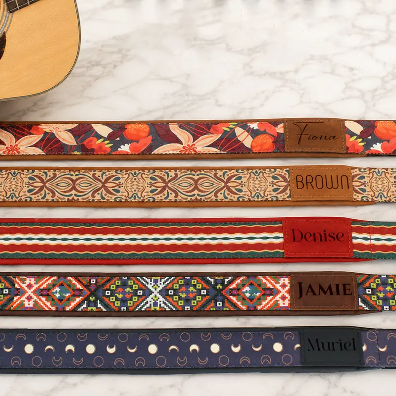 Personalized 'Vibrant Echo' Padded Guitar Strap – 7 Custom Artisan Patterns & Engraved Leather Ends