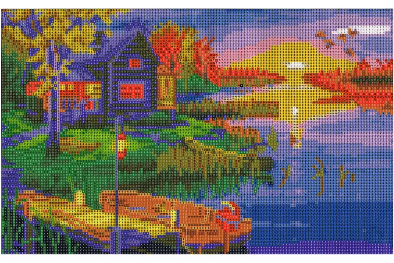 See mit Haus und Boot im Sonnenuntergang Diamond Painting 32 Farben 45 x 30 cm YMX90