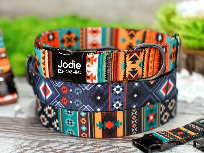 Southwest Dog Collar with Engraved Metal Buckle