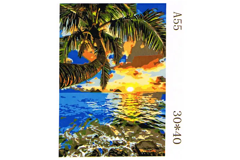 Strand mit Palme im Sonnenuntergang Malen nach Zahlen 18 Acrylfarben 30 x 40 cm A55