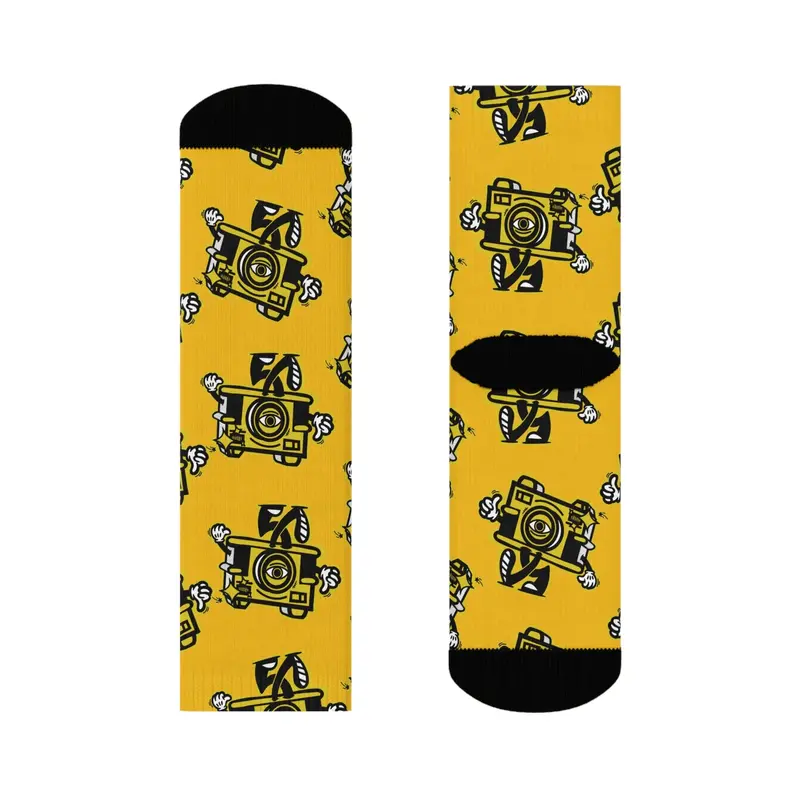 Vintage Camera Pattern Crew Socks — Yellow Photographer Novelty Socks