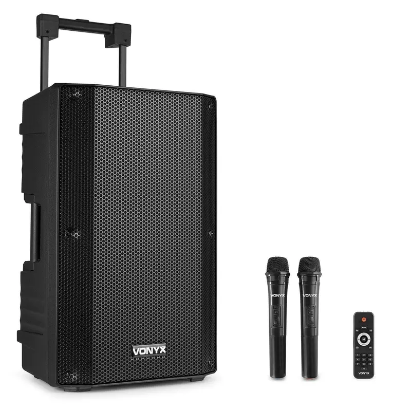 VONYX "VSA500" 12" Akku PA Lautsprecher mit USB, Bluetooth, 2 UHF Funkmikrofonen, MP3 Player & Fernbedienung