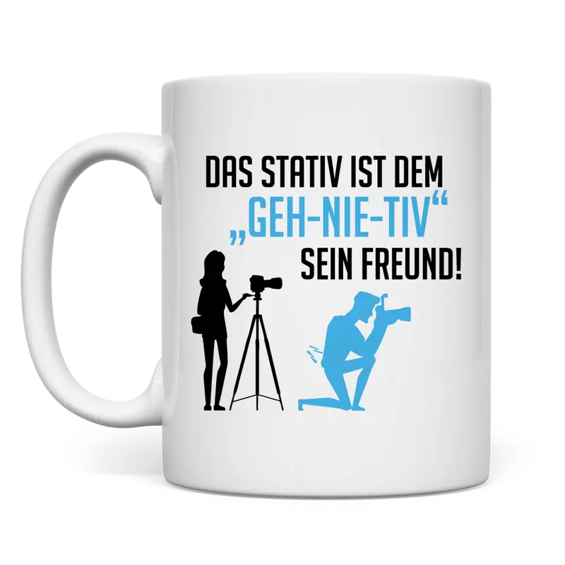 weiße Tasse Stativ "geh-nie-tiv" beidseitig Blau
