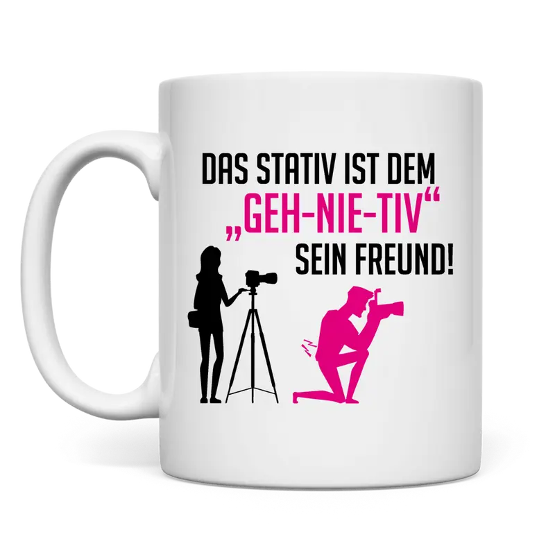 weiße Tasse Stativ "geh-nie-tiv" beidseitig Rosa